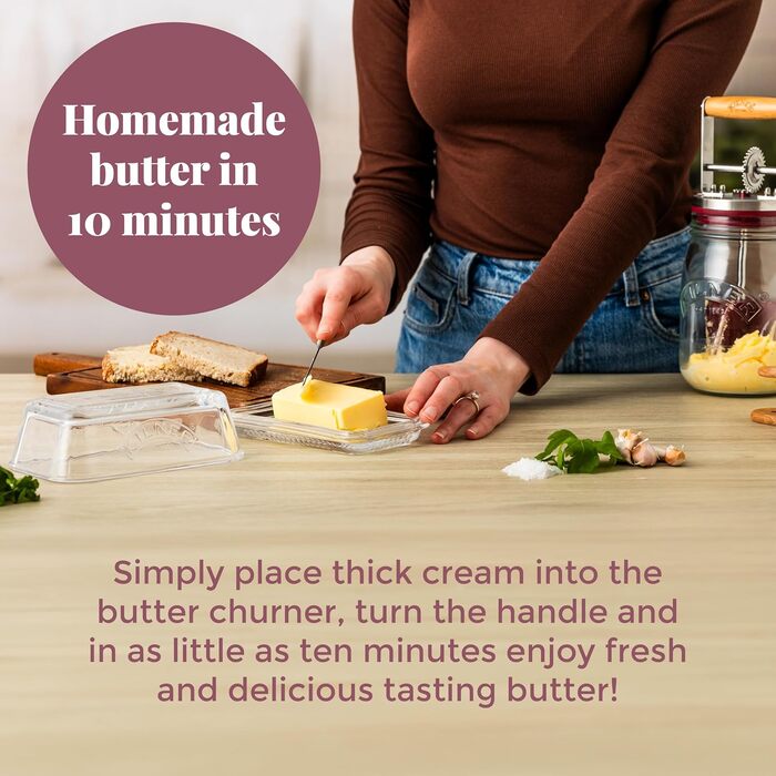 Kilner Butter Churn Glass with Hand Crank, make delicious butter yourself in just 10 minutes, with silicone stirrer, 1L, incl. instructions and recipes, also for herb butter, garlic butter, etc., 27 cm tall