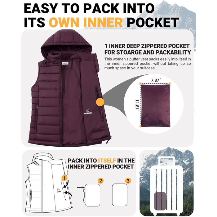 Стьобана жилетка Outdoor Ventures для жінок з капюшоном, гібридна спортивна жилетка для походів та кемпінгу, тепла велосипедна жилетка з капюшоном, лілова, XXL