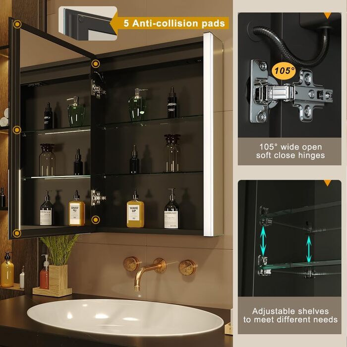 LED дзеркальна шафка для ванної кімнати KWW з підсвічуванням, регульованою температурою світла, протитуманним покриттям та USB роз'ємами (2 дверцята, 80x70 см, ліве кріплення)