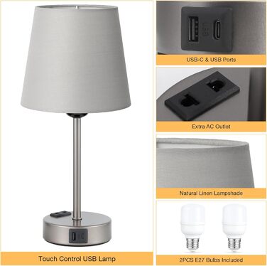 Настільна лампа Kakanuo з торшером, 2 шт. з USB-портами та диммуванням, для спальні, вітальні, дитячої кімнати, офісу (сірий)