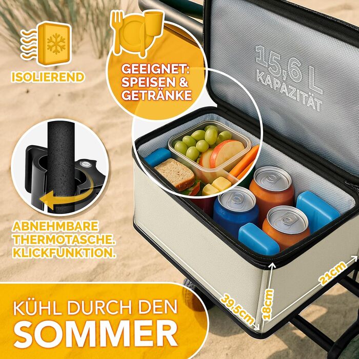 TRESKO® Розкладний вагончик з дахом, кишеньою-холодильником та бічними ролетами | Вагончик для перевезення вантажів до 150 кг | З повного гумового покриття коліс та гальмами (передні та задні) та 3-точковим ременем безпеки (Зелений) (Бежевий)