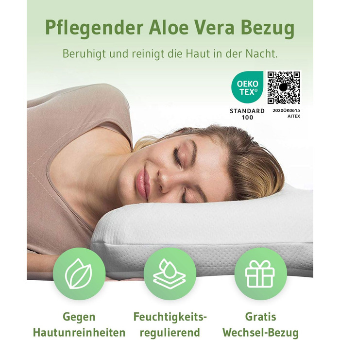 Orthopedic Neck Pillow / Side Sleeper Pillow NuMOON for Cervical Spine Pressure Relief, Recommended by Experts, Pillow for Allergy Sufferers, Anti-inflammatory Aloe Vera Extract & Free Cover