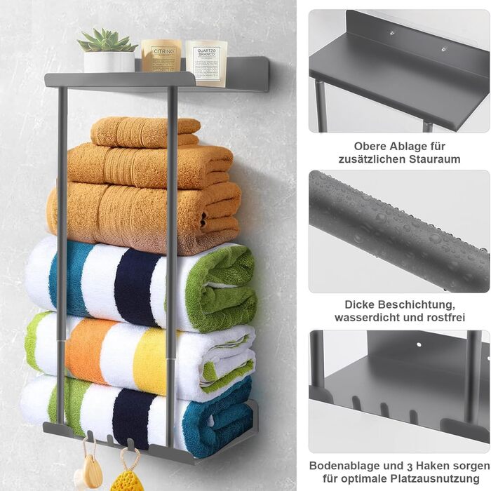 Тримач для рушників без свердління, висувний, сірий. Висувна полиця для рушників, кріпиться на клей, для ванної кімнати, 38-75 см