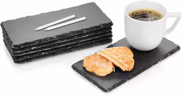 Singer | Slate Tile Set Biscuit with Chalk, 6 modern slate coasters. Serving tray, square plate set | 20x10 cm