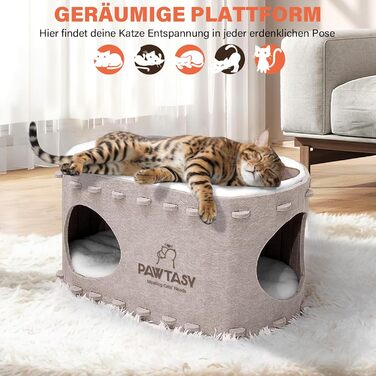 Felt Cat Cave Cat Bed, Cat House for Indoor Cats, Cave with 2 Soft and Warm Cushions, Winter-Proof, Protects Cat Claws, 58W x 33D x 30H cm, Beige