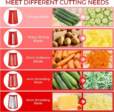 Ручна тертка для овочів Steaseas з ручкою - тертка для сиру, овочів, горіхів з 5 насадок, потужним присоском, контейнером для лез (червона)