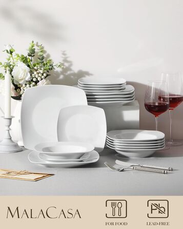 MALACASA Серія Julia, Набір посуду Teller Set 12 осіб, Сучасний KLEIN, 36-ти частинний сервіз з порцеляни, 12 тарілок для їжі, 12 десертних тарілок, 12 супових тарілок сіро-білий, 36 частин