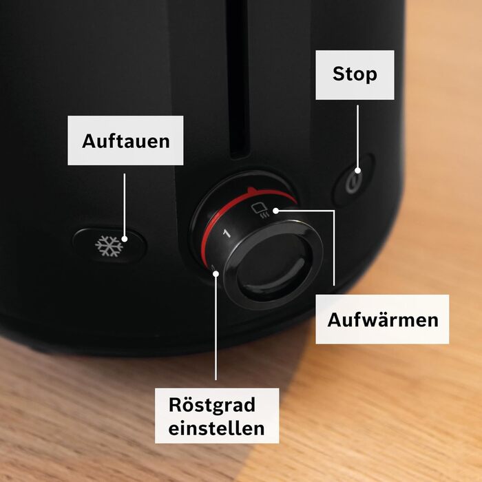 Bosch Compact Toaster MyMoment TAT2M123, integrated bagel attachment, with defrost function, with automatic shut-off, lift function, bread centering, perfect for 2 slices, 800 watts, matte black. Bagel attachment integrated, black.