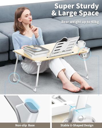 SAIJI Розкладний столик для ноутбука та планшета XXL з ящиком та підставкою для книг/телефону (65 x 49 x 30 см, Тік)