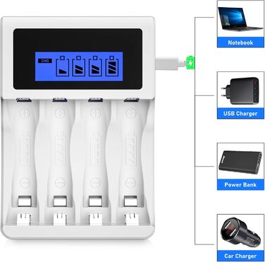 Зарядний пристрій BONAI для акумуляторів AA AAA з USB, 4 слоти, LCD дисплей, розумна зарядка NI-MH NI-CD