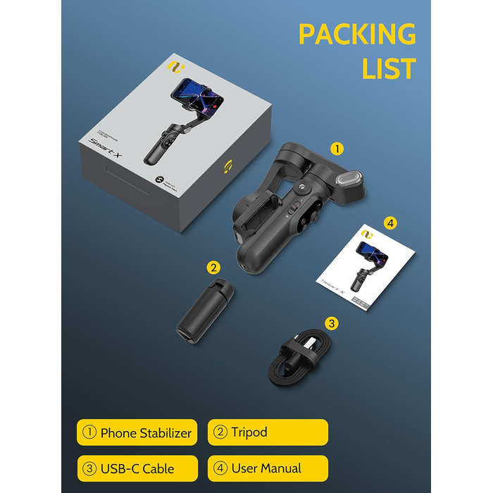 Стабілізатор для смартфона AOCHUAN 3-осьовий з функцією розпізнавання обличчя, вбудованим світлом та 1/4 дюйма різьбою. Підходить для iPhone 16/15 Pro, Android, TikTok-влогів. Чорний.