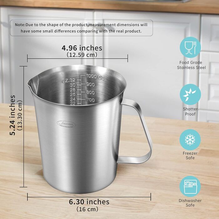 Newness Measuring Cup Stainless Steel, 1000 ML [3 Measuring Scales, including Cups, ML, OZ Scale] Milk Pitcher with Markings and Handle, Measuring Jug Milk Pitcher, Stainless Steel Measuring Cup 1l