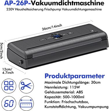 Вакуумний пакувальник для продуктів харчування 30 см, комплект з 5 пакетами, чорний