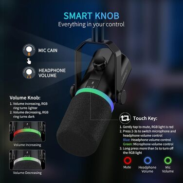 FEELWORLD PM1 Динамічний мікрофон XLR/USB з RGB-підсвічуванням для запису подкастів, геймінгу та YouTube. Комплект з підсвічуванням, навушником, підставкою та XLR-кабелем