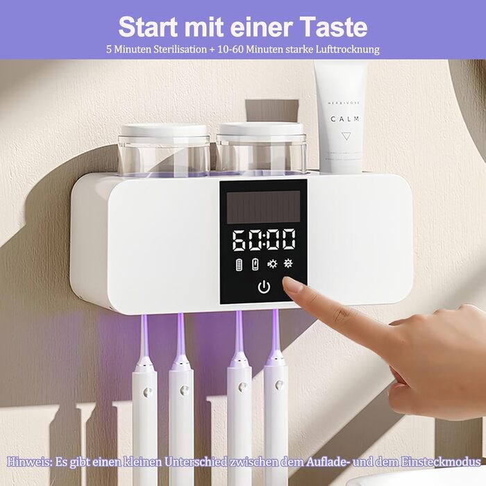 Тримач для зубних щіток Maxspace з УФ стерилізатором, сушаркою, сонячною зарядкою та автоматичним очищенням, настінний, 4 слоти, 2 чашки (білий)