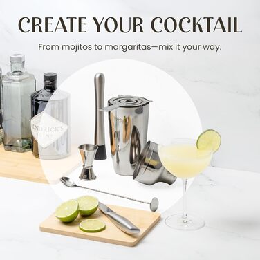Набір для приготування коктейлів Mixology & Craft Cocktail Set (10 предметів) - Шейкер, аксесуари для бару в дерев'яному підставці з махогону, подарунковий набір, сріблястий, нержавіюча сталь, бамбук