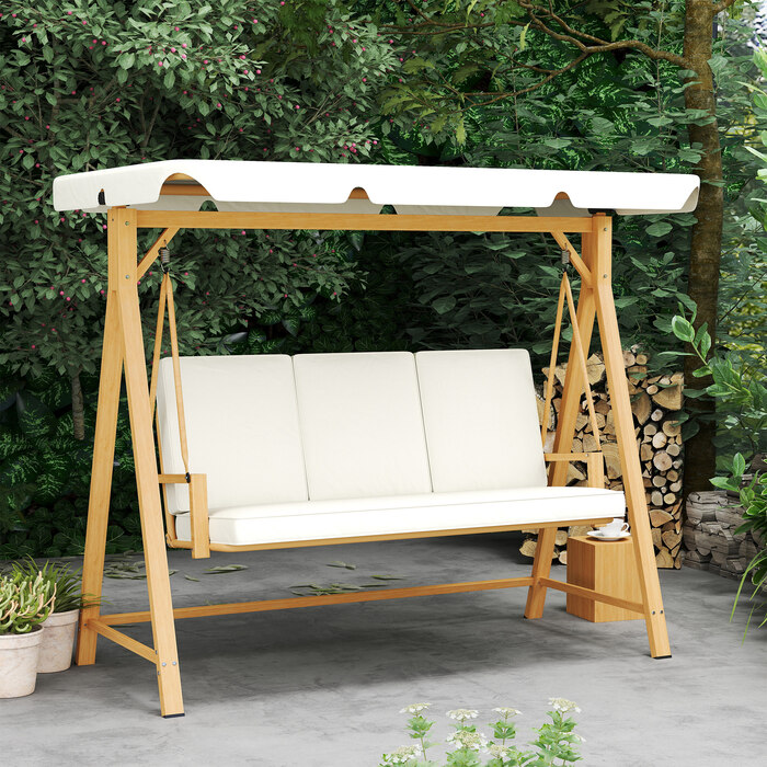 Outsunny Hollywood Swing with Adjustable Sun Canopy and Seat Cushion, Wood-Look 3-Seater Garden Swing, Load Capacity up to 330kg, Swing Bench for Garden, Terrace 198 x 120 x 170cm, Beige | Aosom