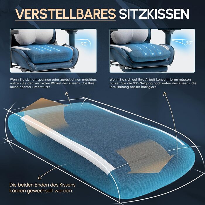 Dowinx Геймінговий крісло, дихаючий офісний стілець з високоякісного матеріалу, ергономічний PC стілець з 4D підлокітниками, регульований та поворотний геймінговий стілець з підніжкою, блакитний