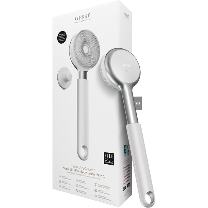 GESKE Sonic LED Full-Body Brush - Щітка для тіла з LED та Sonic-вібрацією | 9 в 1 | Інтенсивне пілінгування та масаж | Глибоке очищення | Білий