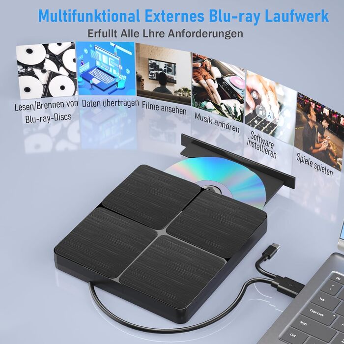 Зовнішній портативний Blu-ray привід (записувач) з двома інтерфейсами, високошвидкісний, сумісний з Windows та Mac OS