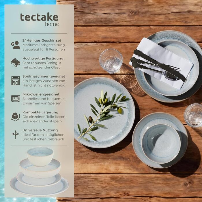 Набір посуду TekTake 24 предмети для 6 осіб, керамічний, Shore Stone - тарілки, миски, для мікрохвильовки та посудомийної машини