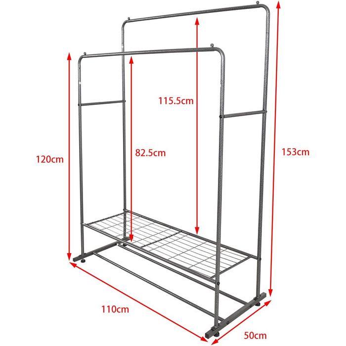 JURMERRY Freestanding Clothes Rack, Double Hanging Rod, High-Performance Metal with Shelf, Commercial Quality, Black