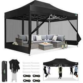 COBIZI Pavilion 3x3m Foldable, Waterproof & Winter-Proof – Stable Garden Tent with 23mm Steel Tube, UV50+ and Mosquito Nets for Camping/Parties + Carry Bag (Black, 3mx4.5m)