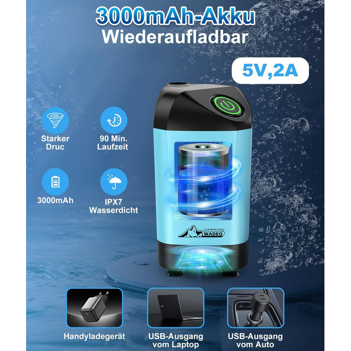 WADEO Portable Camping Shower Battery with Pump and Shower Bucket, Camping Shower with Rechargeable Battery, Mobile Shower Outdoor Showers with Shower Head, for Camping Trips, Garden, Hiking, Car Washing (Blue, with 20L Container)