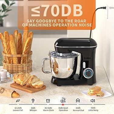 Stand Mixer, 1300W Zurio 5.5L Stand Mixer, 10-Speed Robot Mixer with Quiet Kneading Function, Includes Accessories: Dough Hook, Whisk, Black Mixer