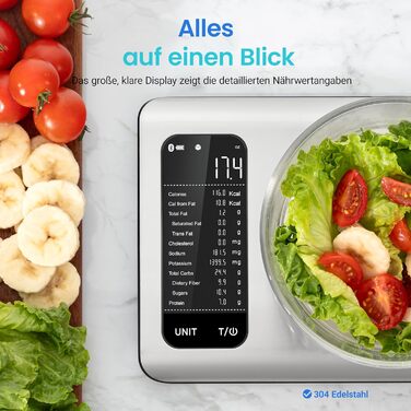 Cosori Digital Kitchen Scale with Nutrition Tracking - 5kg Stainless Steel Food Scale for Weight Loss - Tracks 19 Nutrients & Calories