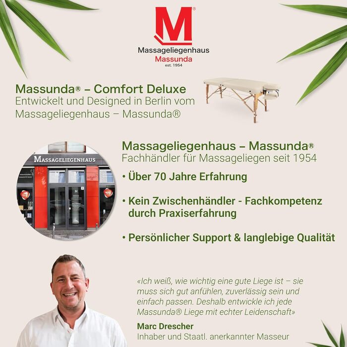 Масажне ліжко MASSUNDA Deluxe – мобільне, складне, регульоване по висоті. Широке дерев'яне ліжко для масажу з ергономічною підголовником, чохлом, підлокітниками та подушкою (кремовий)