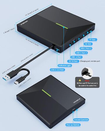 Зовнішній DVD/CD привід ORIGBELIE з 4 USB-портами та 2 слотами для TF/SD карт, USB 3.0, портативний для ноутбука, MacBook, PC (Windows, Linux, Mac OS)