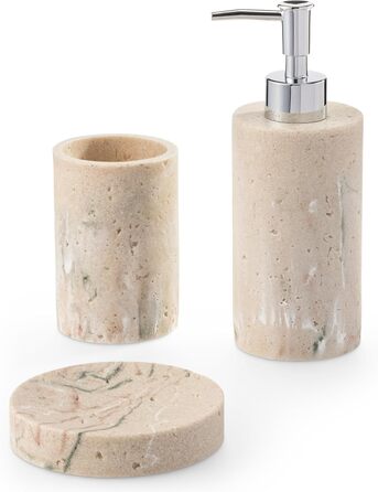 Набір для ванної кімнати Navaris: дозатор для мила, стакан для зубної пасти, 3 шт. - аксесуари для ванної кімнати, набір, штучний камінь, мармур, бежевий