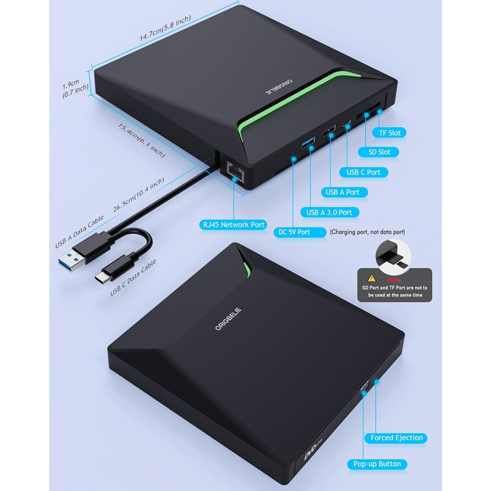 Зовнішній DVD-накопичувач ORIGBELIE з RJ45 Ethernet-адаптером та USB 3.0 хабом (3 USB, 2 TF/SD), зовнішній CD-записувач для ноутбука, MacBook, PC Windows, Linux, Mac OS, з сумкою для перенесення