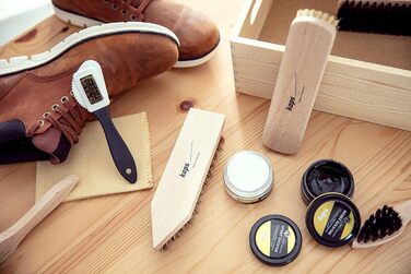 Kaps Complete Shoe Cleaning and Care Set | 9-Piece Shoe Care Set for Leather Boots and Shoes | Shoe Cleaning Kit Packaged in a Wooden Gift Box