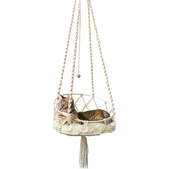 Крісло-гойдалка для кота, гамак-гойдалка Boho з макраме, ліжко для кота з гачком та знімним подушкою для саду, тераси, балкону, вітальні