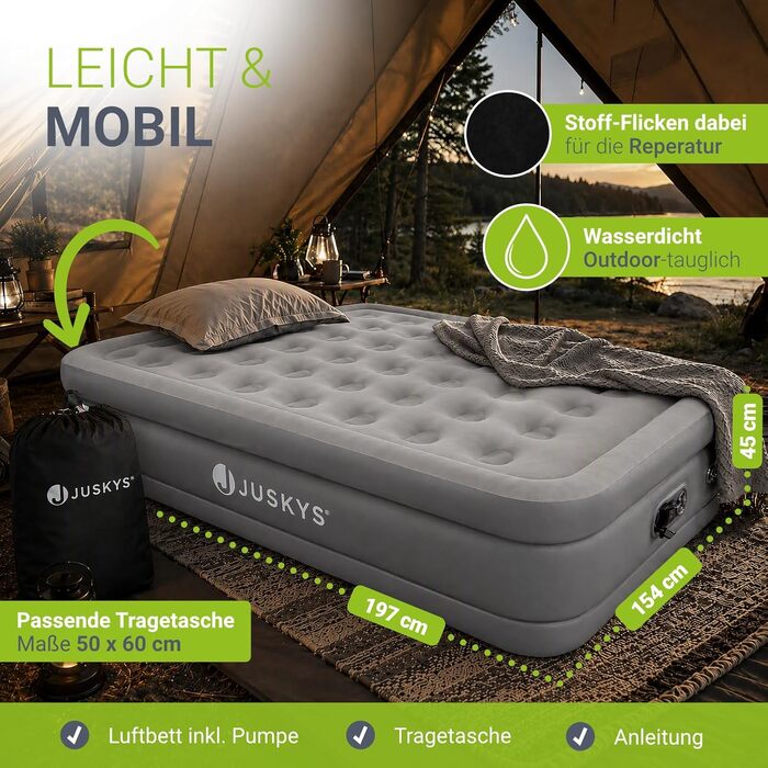 Самонадувний двопомісний матрац Juskys® Sapri L, 197x154x45 см, антрацитово-сірий