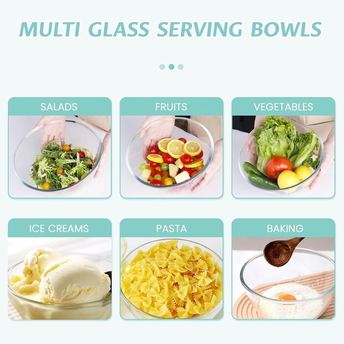 Luvan Glas Mixing Bowls with Lids 3-Piece Set (4.2 L, 2.5 L, 1 L), Large Round Salad Bowls for the Kitchen, ideal for Storing Food, Cooking, Baking, Preparing, Dishwasher Safe