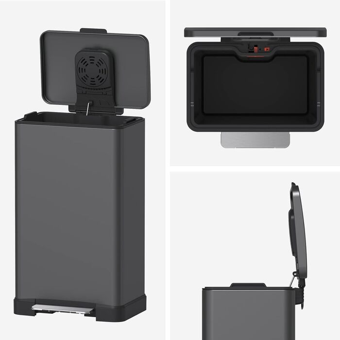 Смітник на 50 літрів з контейнером, повільно закривається, захист від відбитків пальців, велика нержавіюча сталь, кухонний смітник прямокутної форми, для дому та офісу, сірий, 50L