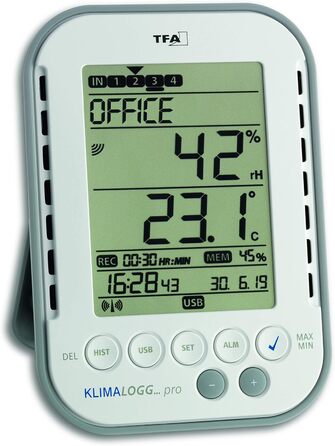 TFA Dostmann Climate Logger Pro Professional Thermo-Hygrometer, 30.3039, with Data Logger Function, Alarm Function, Max./Min. Values, professional room climate monitoring, White, L 98 x W 25 (77) x H 137 mm