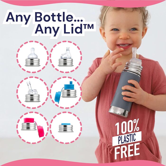 Pure stainless steel bottle with silicone straw & sleeve, aqua (plastic, BPA-free, non-toxic, certified)