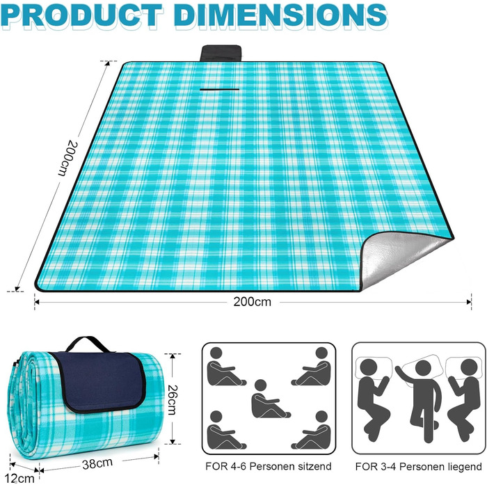 Килимок для пікніка SOMLAW водовідштовхувальний, великий, 200x200 см, для 4-6 осіб, з ручкою, ідеальний для кемпінгу та пляжу (Himmelblau Kariert)