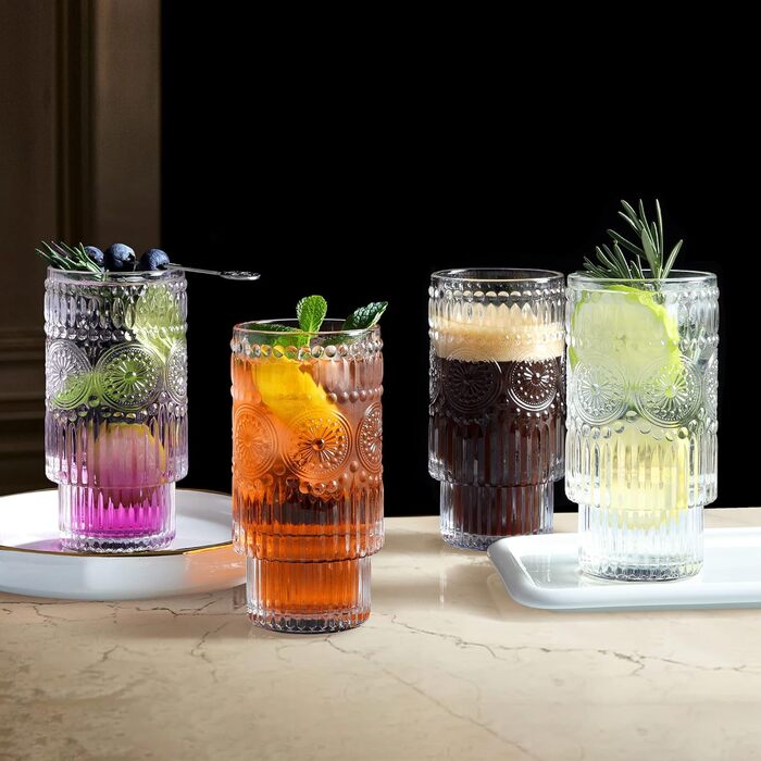 Joeyan 340ml Vintage Water Glasses Stackable - Set of 4 French Drinking Glasses for Drinks, Cocktails, Tea - Creative Water Cup for Restaurant, Party, Bar, Event, Home