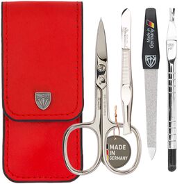 Набір для манікюру та педикюру 'Modena' від DREI SCHWERTER | 4-х частинний набір у шкіряному футлярі, виготовлений у Німеччині. Колір: Червоний. Вміст: ножиці для нігтів, пінцет, алмазна пилка для нігтів та лопатка для видалення кутикули