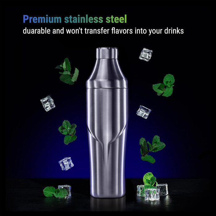 Lexenic Premium Cocktail Shaker 24oz - Vacuum-Insulated Martini Shaker, Spoon & Jigger Kit - 18/8 Stainless Steel - Drink Shaker - Built-in Strainer Margarita Shaker for Home Bar, Picnic, Gift