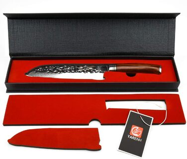 Кухонний ніж Santoku YARENH 18 см з дамаської сталі 73 шари, гострий, дерев'яна ручка, серія HTT