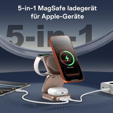 Зарядна станція 5 в 1 для iPhone з підтримкою магнітного зарядного пристрою, складна для подорожей, бездротовий зарядний пристрій для iPhone 17/16/15/14/13/12, AirPods Pro 3, Apple Watch S11/Ultra (Titan Wüstensand), 2026