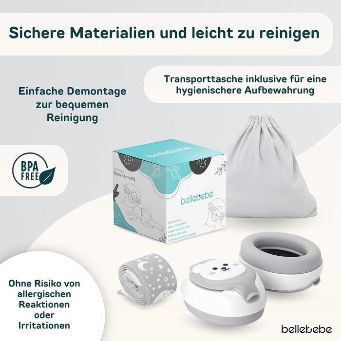 Навушники для захисту від шуму для немовлят BELLEBEBE 0-36 місяців - гіпоалергенні, BPA-free, сертифікація EN352-1, RoHS, CPC, регульоване наголов'я та сумка