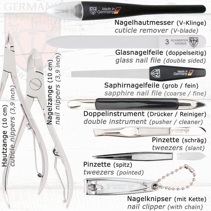 Набір для манікюру DREI SCHWERTER 'Fano' - 11 предметів (ніж для нігтів, щипчики, ножиці) у стабільному етою - колір коньяк/штучний шовк