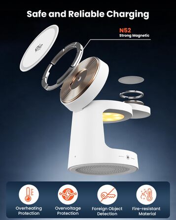 Зарядна станція GEEKERA Qi2.2 25W 3-в-1 з нічником, MagSafe сумісна, для iPhone 12-17, Apple Watch 2-11, AirPods + 45W GaN адаптер (Матовий білий)